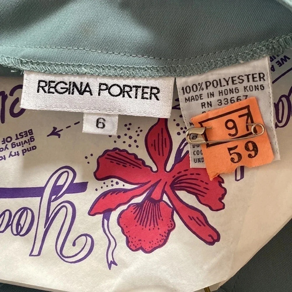 Regina Porter green shirt pant set size 6 V neck button-down shirt elastic waist - Picture 6 of 9